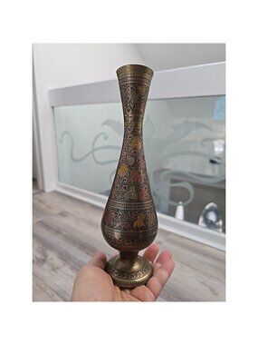 Vintage Solid Brass Vase Floral Engraved Enameled Floral Footed Vase 10"